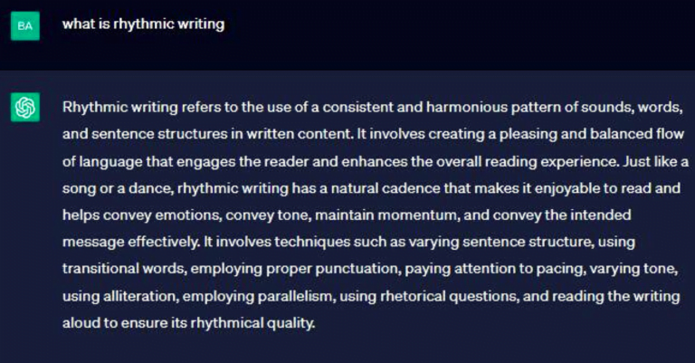 ChatGPT's answer about what rhythmic writing