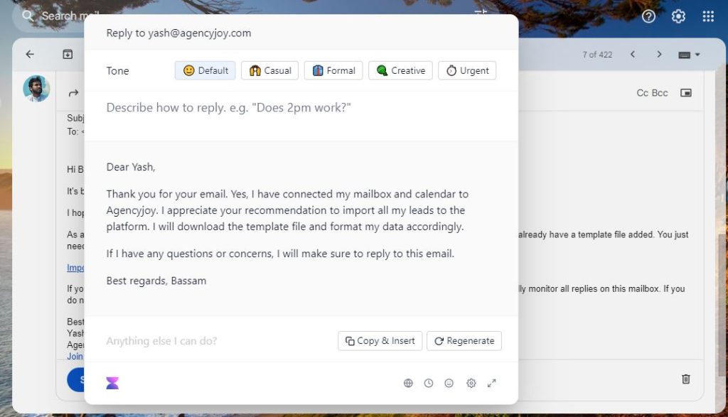 Voila integrates with Gmail so that you never have to stuck anymore with email writing.