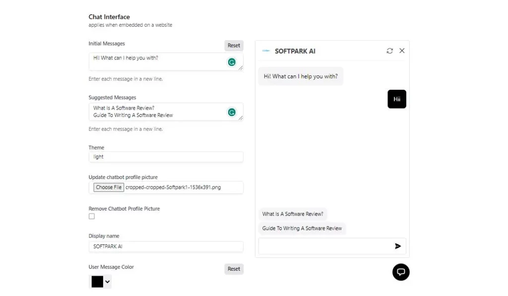 A screenshot of Chatbase's customization interface where user can personalize the chatbot's appearance.