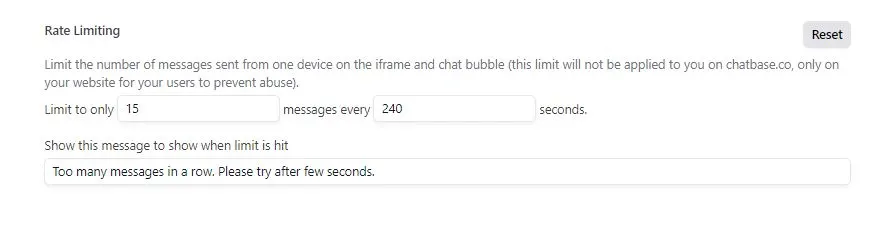 A screenshot of Chatbase's messaging rate limit to prevent abuse and ensure the fair usage of API credits.