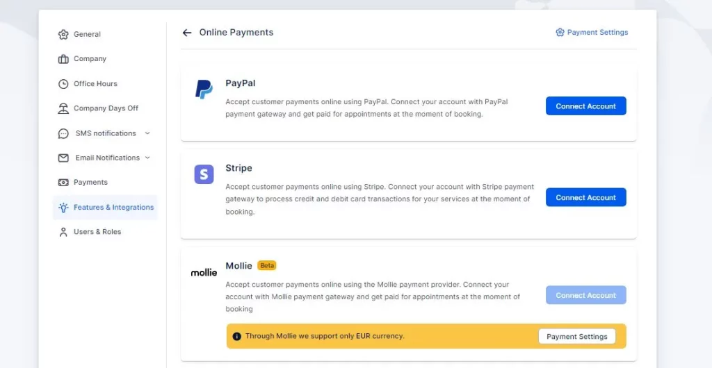 A screenshot showing that trafft facilitates secure online payments through trusted payment gateways like PayPal, Stripe, Mollie, and Authorize.net