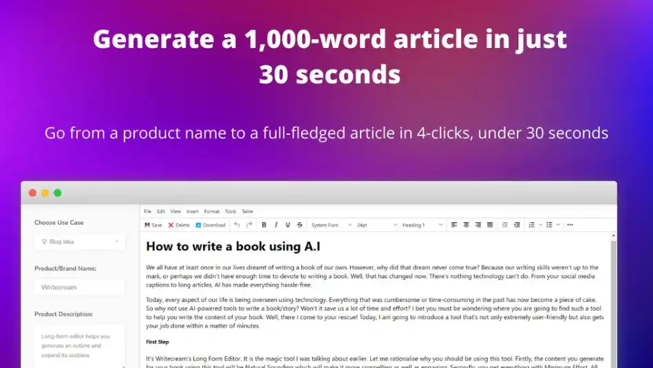 Generate 1,000+ word blog articles in under 30 minutes