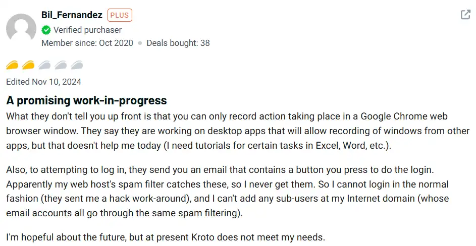 Kroto Lifetime Deal Customer Review