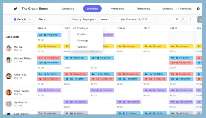 Drag and drop blocks of shifts to schedule your team